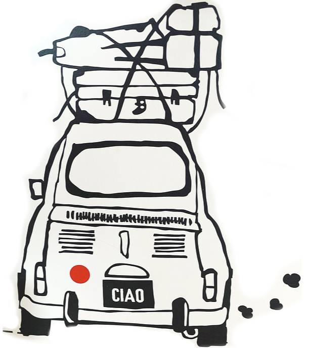 sketch of car with luggage tied on top